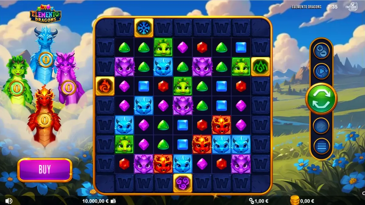 Tampilan visual grid 9x9 pada slot Elemento Dragons dengan elemen naga