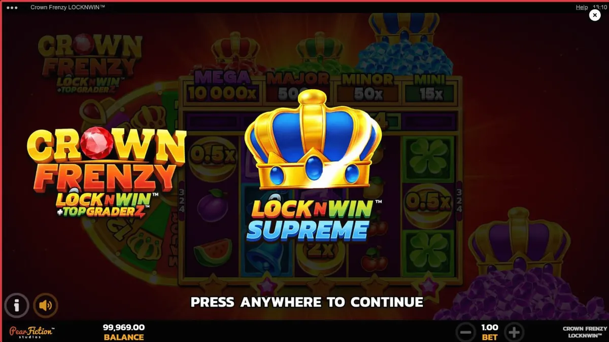 Tampilan visual slot Crown Frenzy LockNWin dengan tema kerajaan dan permata
